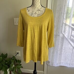 Eileen Fisher Linen Tee Shirt Womens Medium Yellow 3/4 Sleeve Lightweight Beach